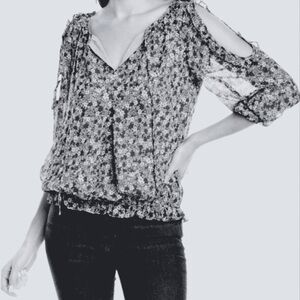 Max Studio Black Floral Cold-Shoulder Peasant Blouse